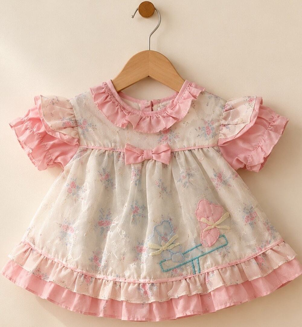 Vtg Mayfair Baby Girls Dress Pink White Floral Collar Puff Sleeve Ruffle 6 9 Mos